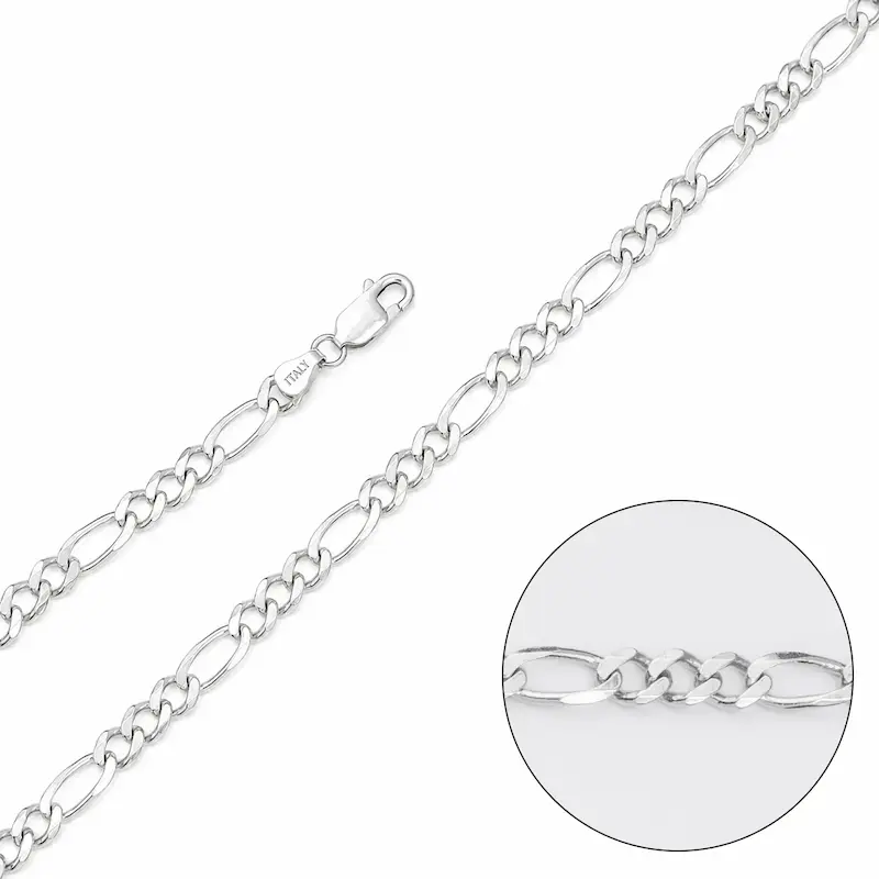 عکس زنجیر مردانه نقره اصل ایتالیایی فیگارو با عیار 925 نقره و روکش طلا سفید از زاویه نزدیک