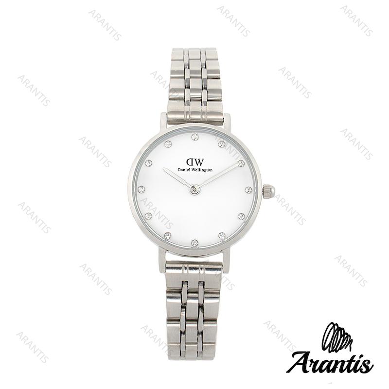ساعت DW زنانه مینی گرد سیلور سفید ایندکس نگین w-1676