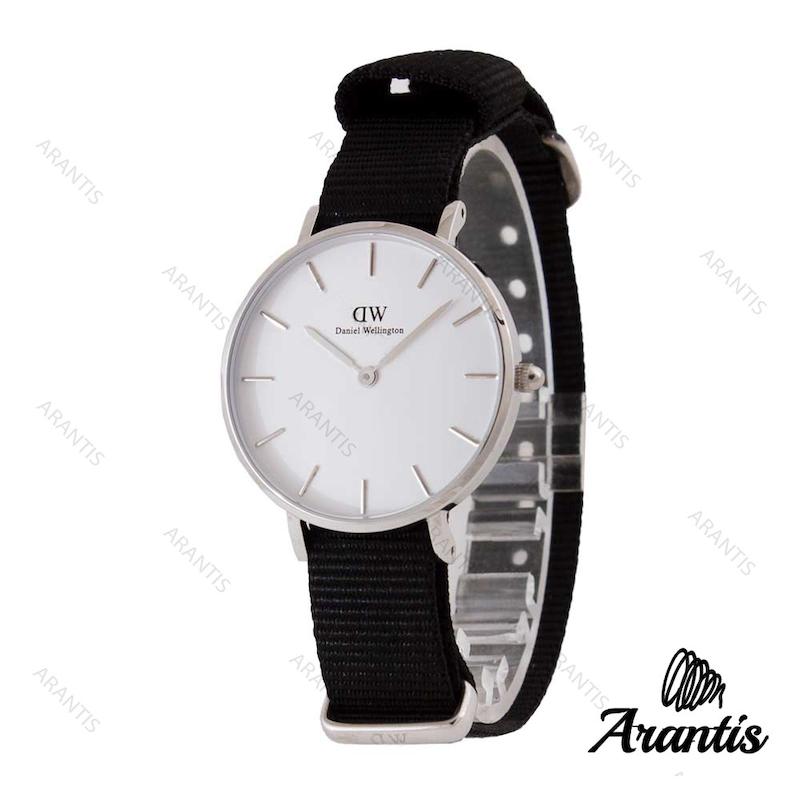 ساعت دنیل ولینگتون زنانه نقره ای صفحه سفید بند برزنت مشکی w-3794