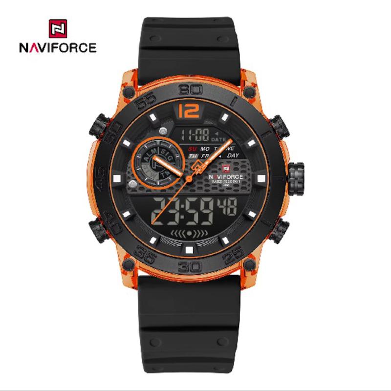 ساعت مچی اورجینال نیوی فورس NF6104 سه زمانه مشکی قاب نارنجی مدل m-10387