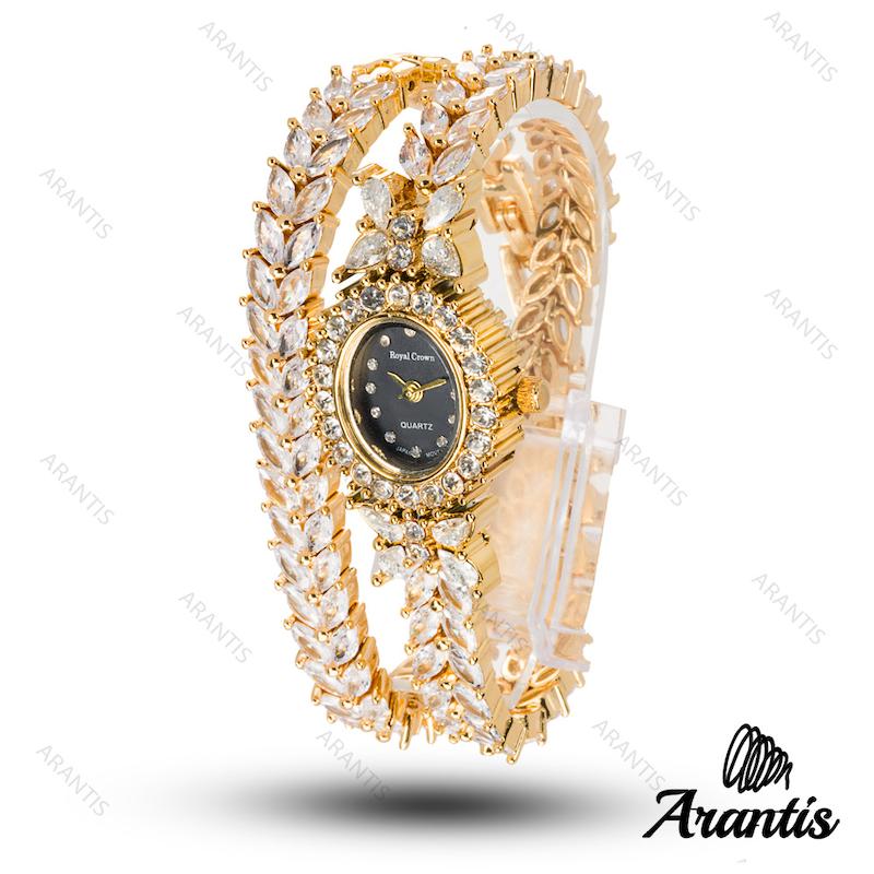 ساعت رویال کرون زنانه فول نگین طلایی صفحه مشکی دو دور w-10289