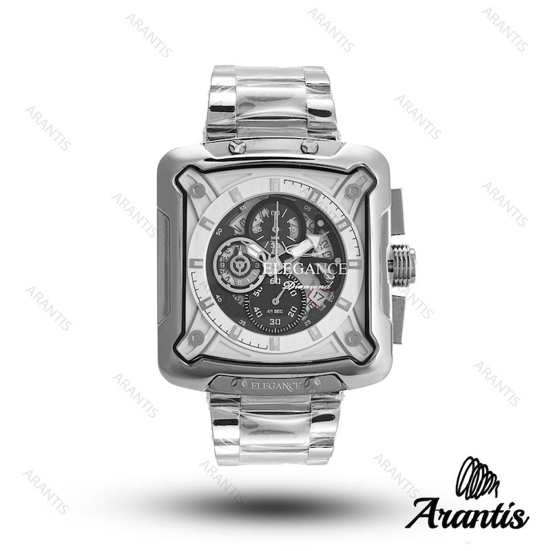 ساعت مردانه الگانس diamond سیلور صفحه سفید مشکی m-10242