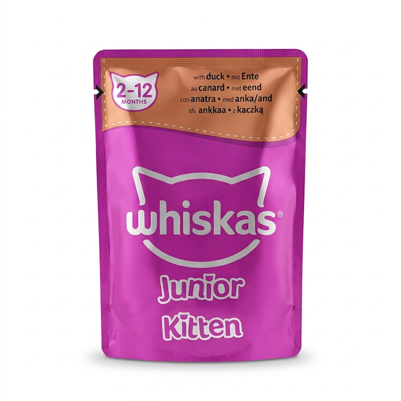 پوچ بچه گربه Whiskas (ویسکاس) مناسب ۲ تا ۱۲ ماه با طعم گوشت اردک - ۸۵ گرمی - ترکیه