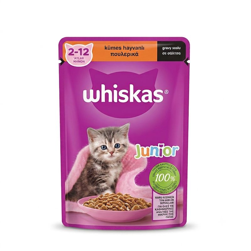 پوچ بچه گربه Whiskas (ویسکاس) ۲ تا ۱۲ ماه با طعم گوشت طیور در سس - ۸۵ گرمی
