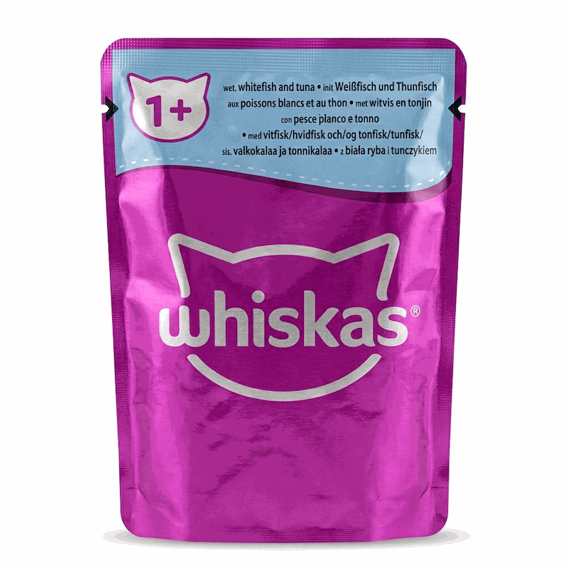 پوچ گربه Whiskas (ویسکاس) بالای یک سال با طعم ماهی سفید و تن - ۸۵ گرمی - ترکیه