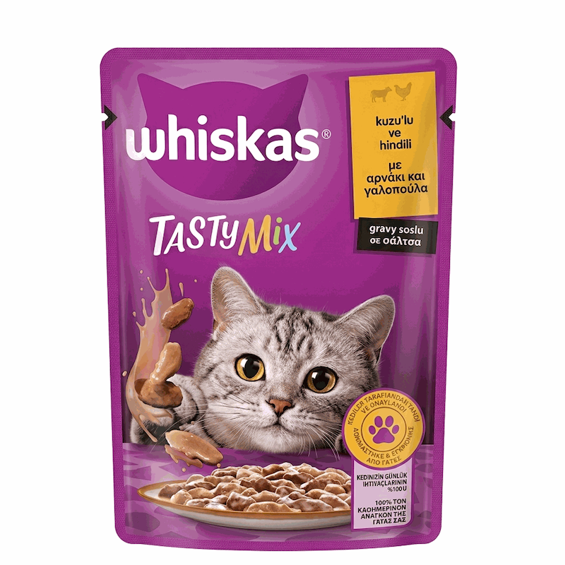 خرید پوچ گربه ویسکاس Tasty Mix با طعم بره و بوقلمون ۸۵ گرمی