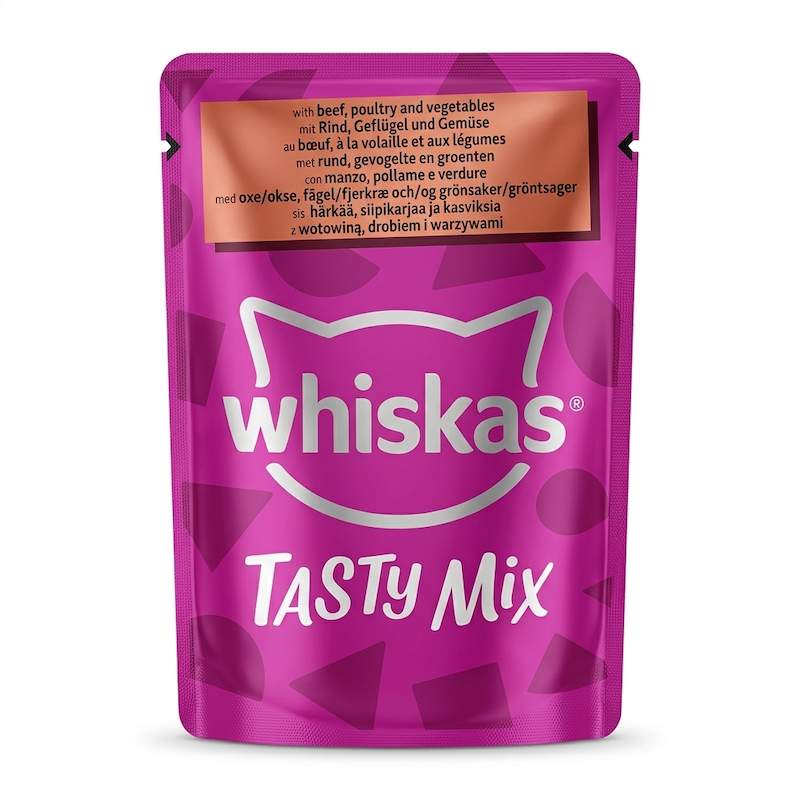 پوچ گربه Whiskas (ویسکاس) مدل Tasty Mix با طعم گوشت گاو، طیور و سبزیجات - ۸۵ گرمی - ترکیه