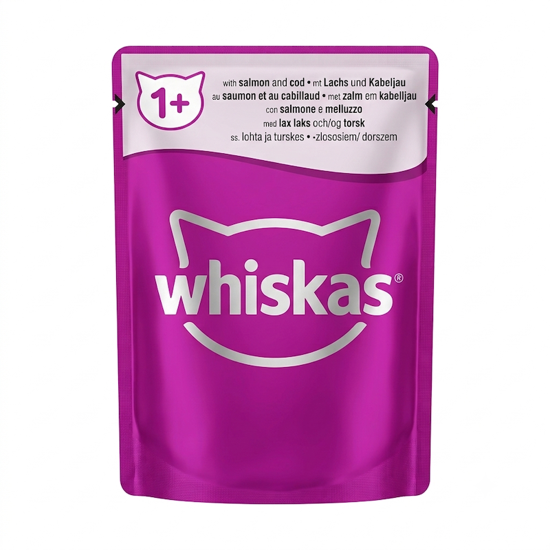 پوچ گربه Whiskas (ویسکاس) بالای یک سال با طعم ماهی سالمون و کاد - ۸۵ گرمی - ترکیه