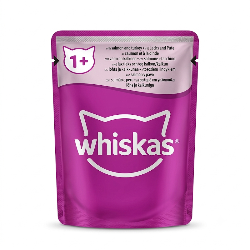 پوچ گربه Whiskas (ویسکاس) بالای یک سال با طعم ماهی سالمون و بوقلمون - ۸۵ گرمی - ترکیه