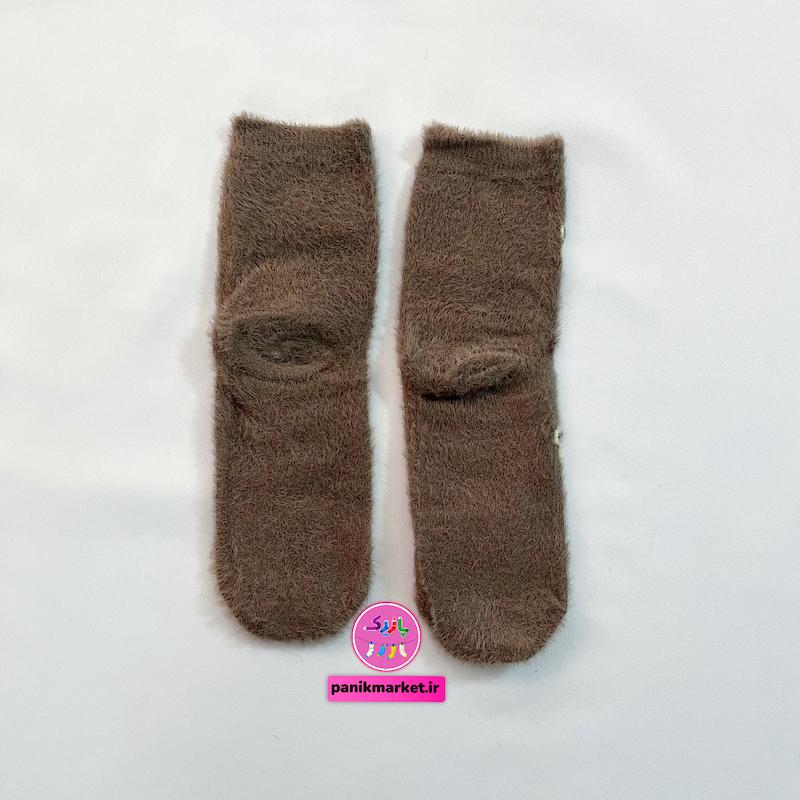 جوراب ساقدار زمستانی پشمی موهر طرح خرس کرم و نقطه‌ای قهوه‌ای coco&hanna