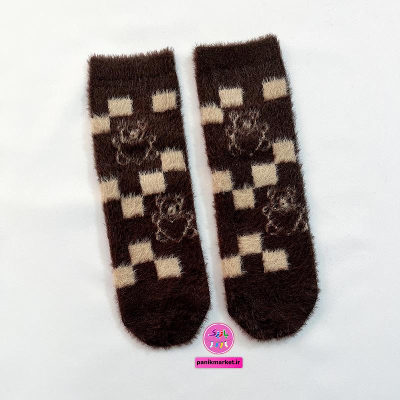 جوراب ساقدار زمستانی پشمی موهر coco&hanna طرح خرس چهارخانه کلاسیک (Checkered Teddy) | گرم، لطیف و فانتزی برای زمستان