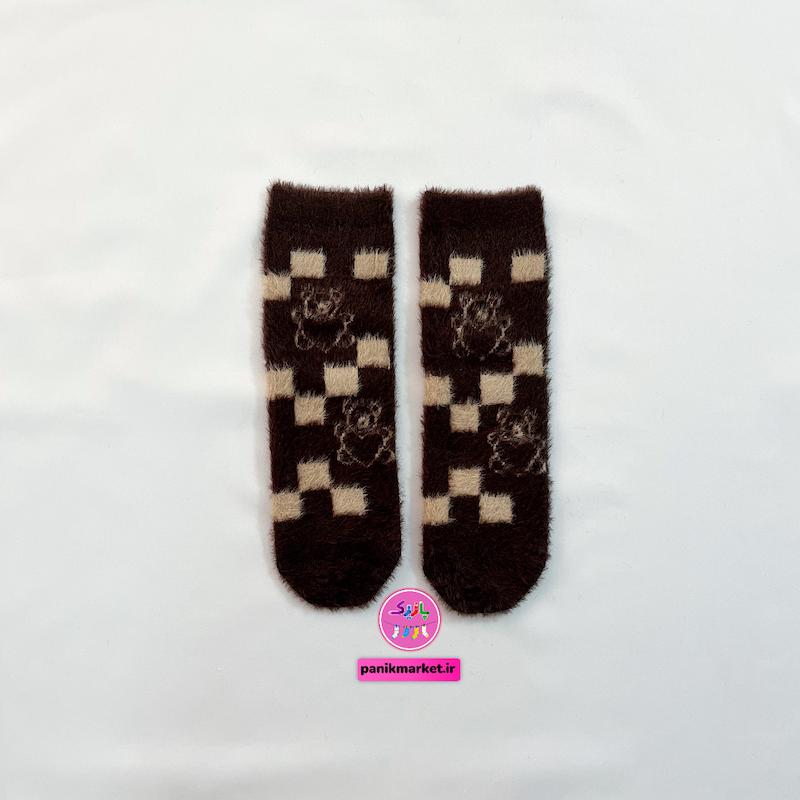 جوراب ساقدار زمستانی پشمی موهر coco&hanna طرح خرس چهارخانه کلاسیک (Checkered Teddy) | گرم، لطیف و فانتزی برای زمستان