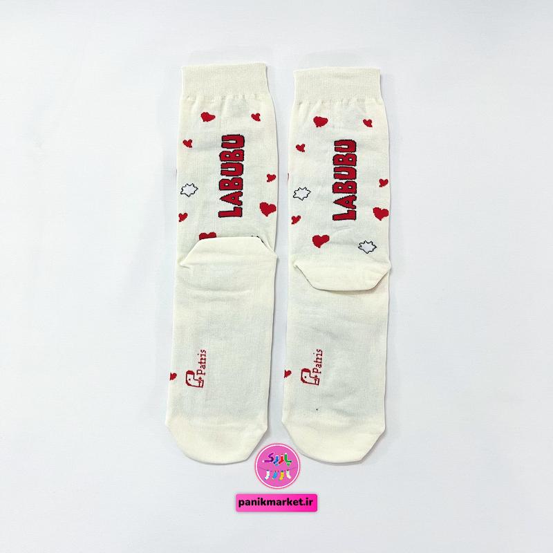 جوراب ساقدار سوپر پنبه نانو فانتزی طرح عروسک لبوبو ولنتاینی (Labubu Valentine) برند پاتریس - رنگ سفید شیری و طرح‌های ملوس قرمز و قهوه‌ای ❤️