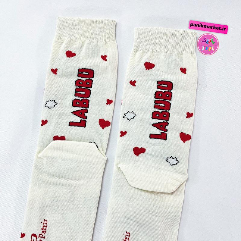 جوراب ساقدار سوپر پنبه نانو فانتزی طرح عروسک لبوبو ولنتاینی (Labubu Valentine) برند پاتریس - رنگ سفید شیری و طرح‌های ملوس قرمز و قهوه‌ای ❤️