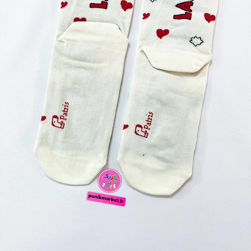 جوراب ساقدار سوپر پنبه نانو فانتزی طرح عروسک لبوبو ولنتاینی (Labubu Valentine) برند پاتریس - رنگ سفید شیری و طرح‌های ملوس قرمز و قهوه‌ای ❤️