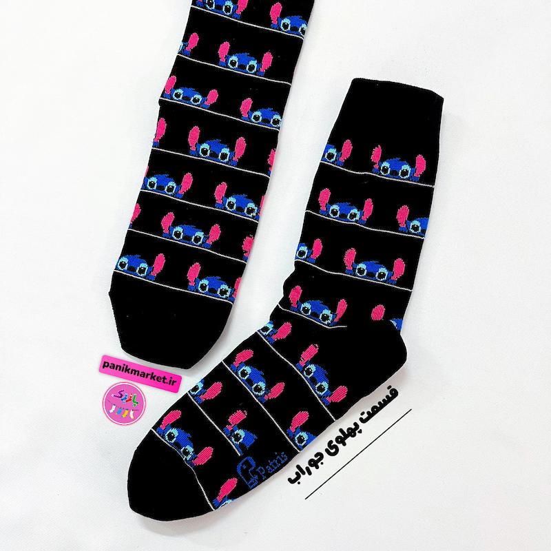 جوراب ساقدار سوپر پنبه نانو فانتزی طرح استیچ مشکی (Stitch Black) برند پاتریس - رنگ مشکی و طرح‌های کیوت و تکرارشونده‌ی شخصیت استیچ