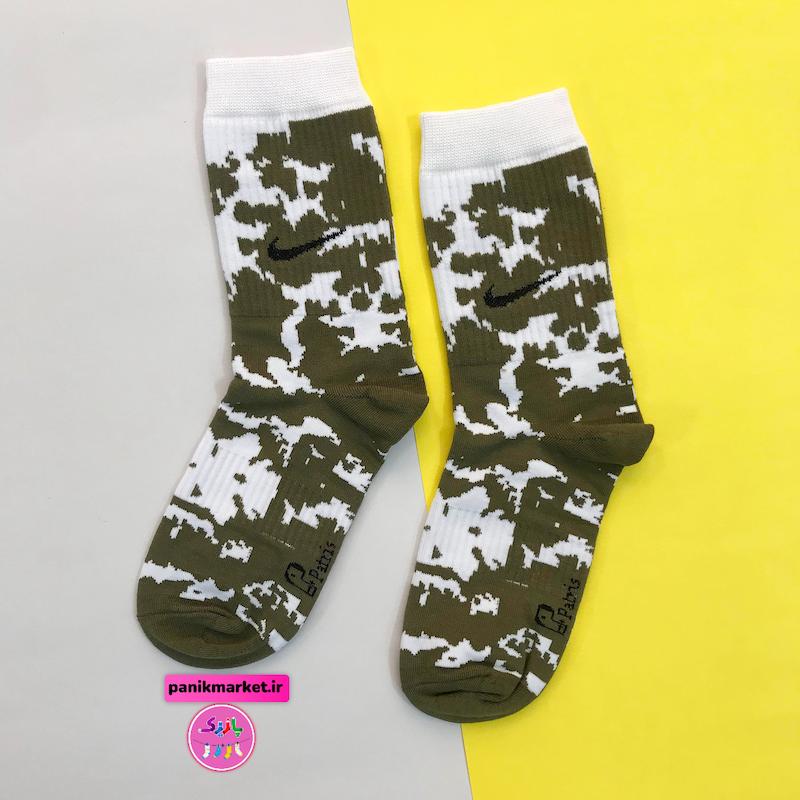 جوراب ساقدار سوپر پنبه نانو فانتزی طرح نایکی (Nike) آبرنگی سبز زیتونی - سفید (ارتشی)