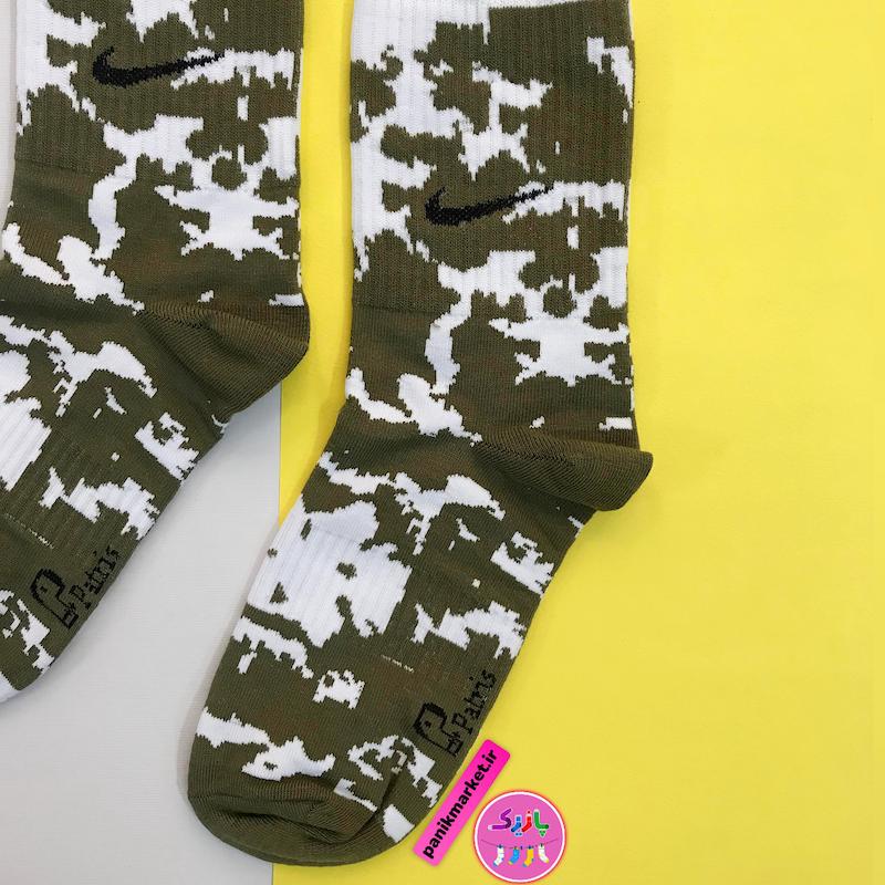 جوراب ساقدار سوپر پنبه نانو فانتزی طرح نایکی (Nike) آبرنگی سبز زیتونی - سفید (ارتشی)