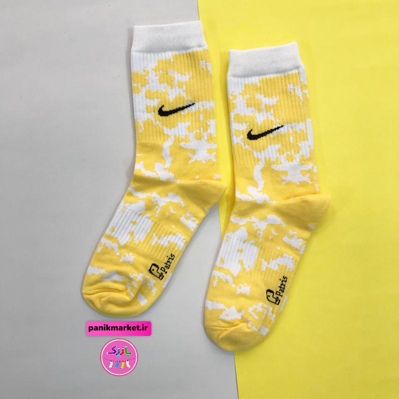جوراب ساقدار سوپر پنبه نانو فانتزی طرح نایکی (Nike) آبرنگی زرد-سفید