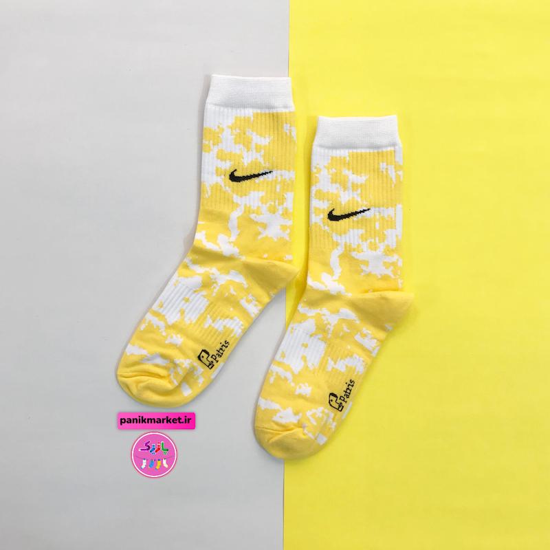 جوراب ساقدار سوپر پنبه نانو فانتزی طرح نایکی (Nike) آبرنگی زرد-سفید