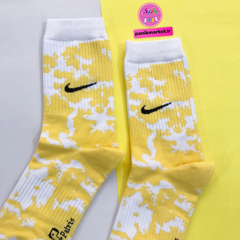 جوراب ساقدار سوپر پنبه نانو فانتزی طرح نایکی (Nike) آبرنگی زرد-سفید