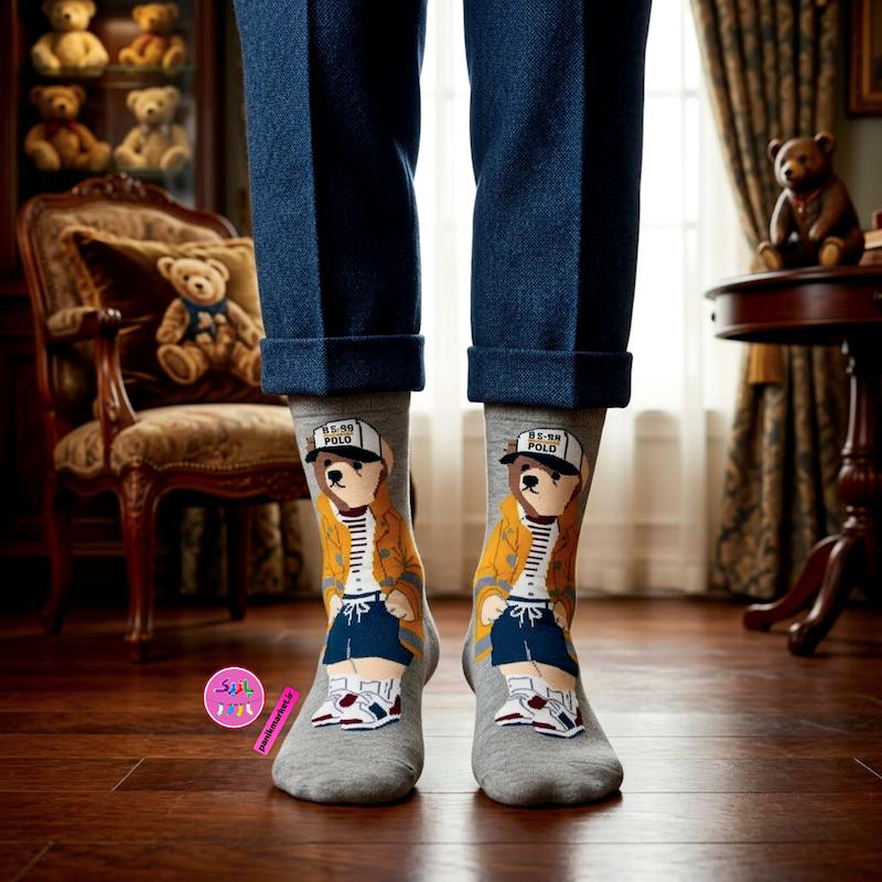 جوراب ساقدار سوپر پنبه نانو فانتزی طرح خرس پولو کلاه دار طوسی برند پاتریس