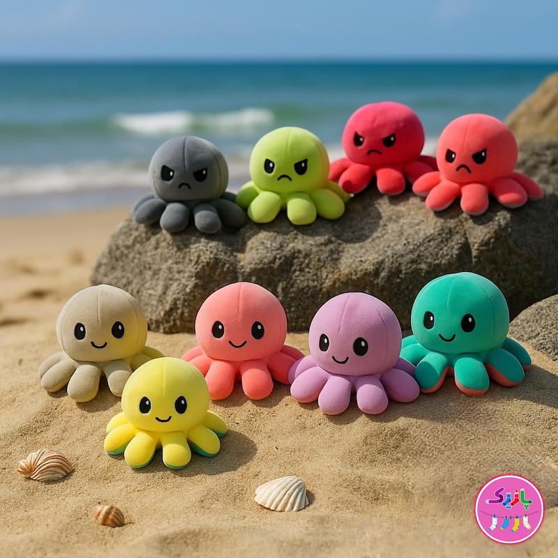 🟡عروسک هشت‌پا دوطرفه موودی 🐙 – عروسک تغییر حالت‌دار بامزه برند کوکی