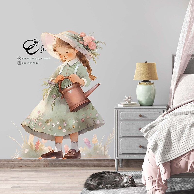 برچسب دیوار طرح دختر و گلها ۱
