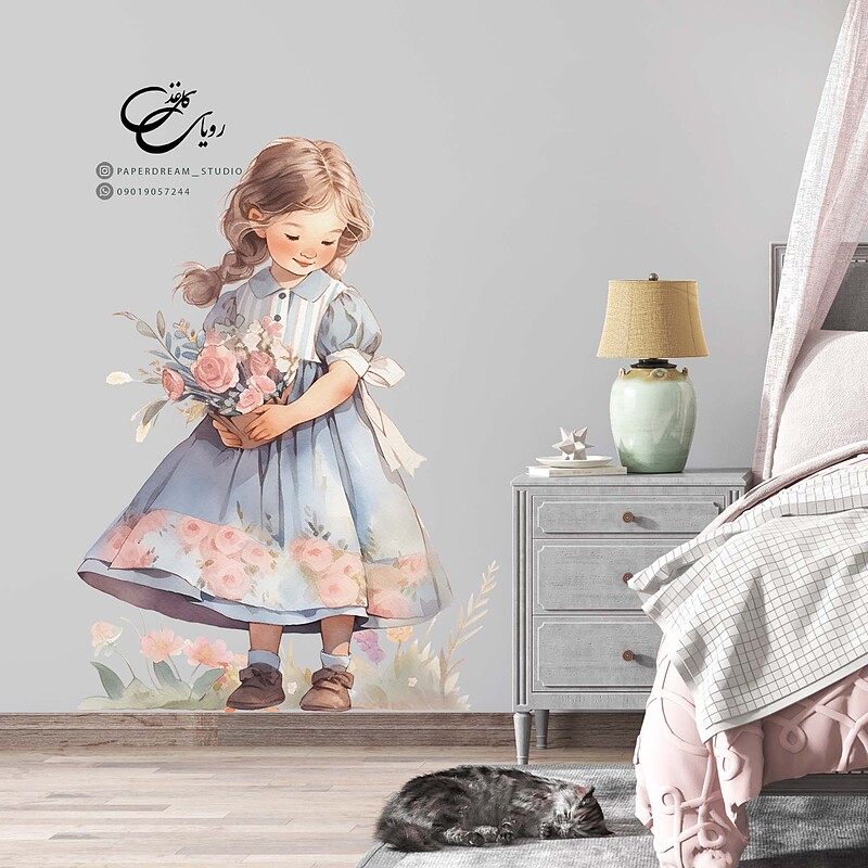 برچسب دیوار طرح دختر و گلها ۲