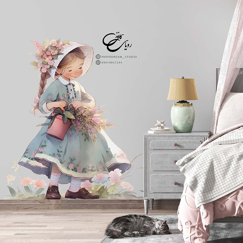 برچسب دیوار طرح دختر و گلها ۳