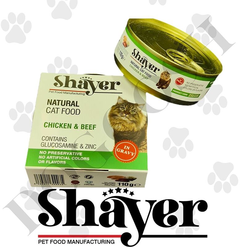 کنسرو غذای گربه شایر با طعم فیله مرغ و گوساله Shayer Natural With Chiken & Beef  وزن 110 گرم