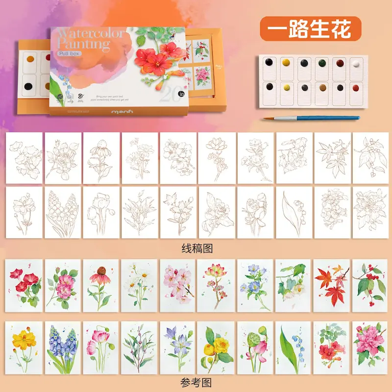 پک نقاشی آبرنگی بزرگسال کشویی طرح گل و برگ سایز A6 بسته 20 برگی