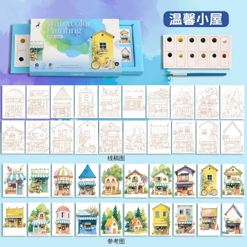 پک نقاشی آبرنگی بزرگسال کشویی طرح ساختمان ها سایز A6 بسته 20 برگی