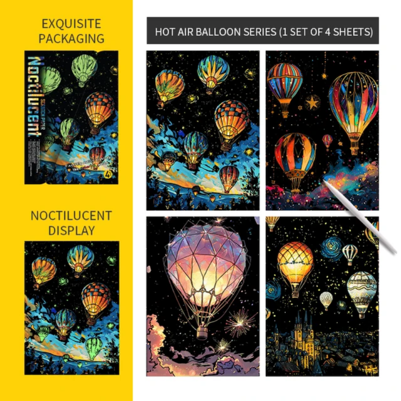 نقاشی خراشیدنی (اسکرچ) شبتاب بالن A4 بسته 4 برگی