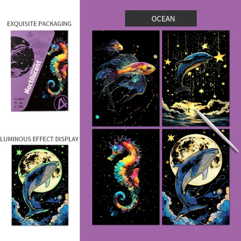 نقاشی خراشیدنی (اسکرچ برد) شبتاب اقیانوس A5 بسته 4 برگی