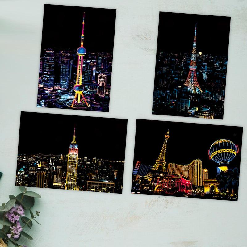 نقاشی خراشیدنی (اسکرچ برد) شهرهای مدرن A5 بسته 4 برگی