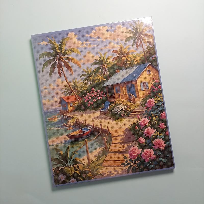 بوم نقاشی الماسی سایز ۴۰ در ۵۰ طرح خانه ساحلی و نخل