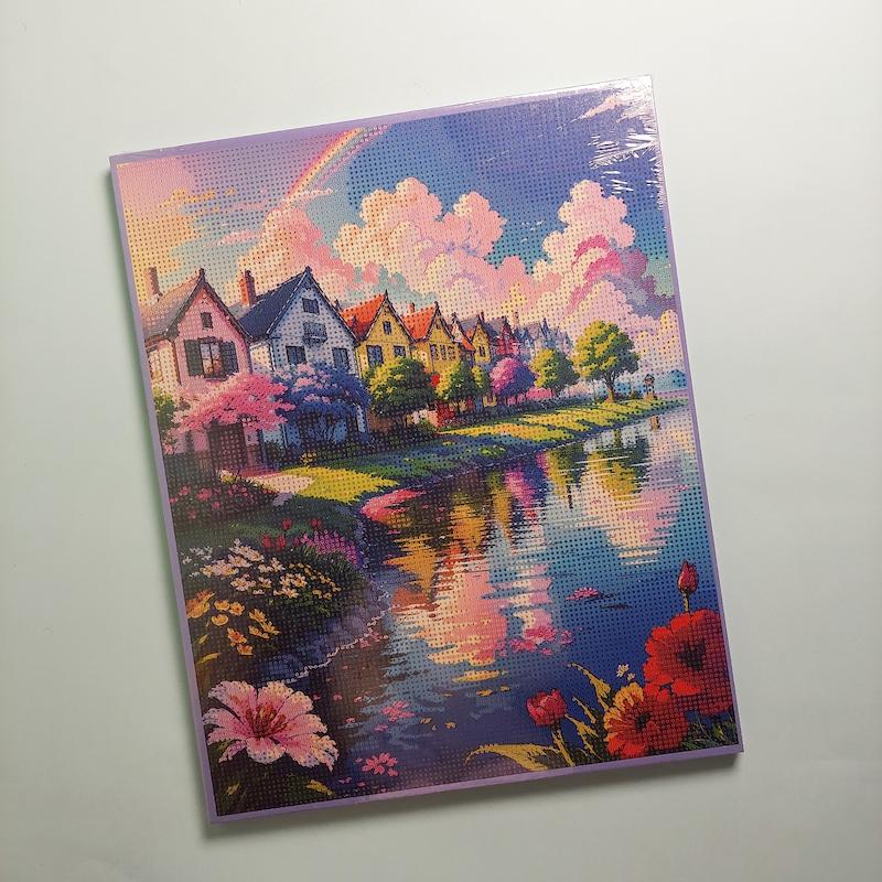 بوم نقاشی الماسی سایز ۴۰ در ۵۰ طرح کلبه های رنگی