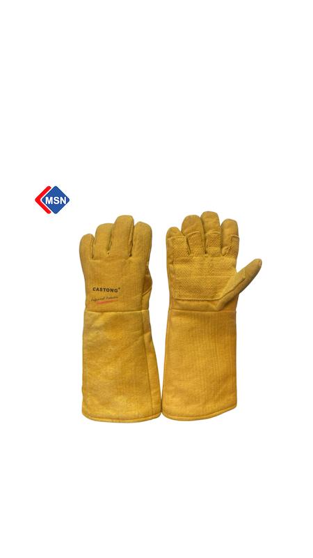 دستکش نسوز ضد اتش مستقیم۱۵۰۰ درجه  ایمنی ضد حرارت CASTONG مدل YERR15-34  مناسب حهت حفاظت از دست در برابر حرارت و دمای بالا از جنس پارچه پارا آرامید و آلومینیوم سطح مقاومت در برابر ضربه ۳ سطح تماس با گرما ۴ مقاومت در برابر حرارت تا ۵۰۰ درجه دارای استاندارد EN 388, EN 407 :4434XX ساخت کشور چین