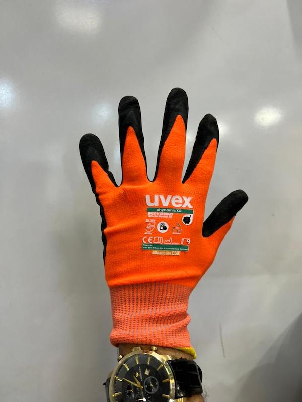دستکش UVEX 16350 (آلمان) — ضدبرش، آنتی‌استاتیک EN16350، کف دو لایه (لاتکس + رابر خال‌دار ضدسایش)