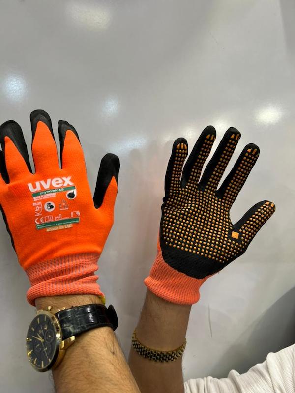 دستکش ضدبرش آنتی‌استاتیک UVEX 16350 — رنگ نارنجی، کف دو لایه لاتکس+رابر خال‌دار