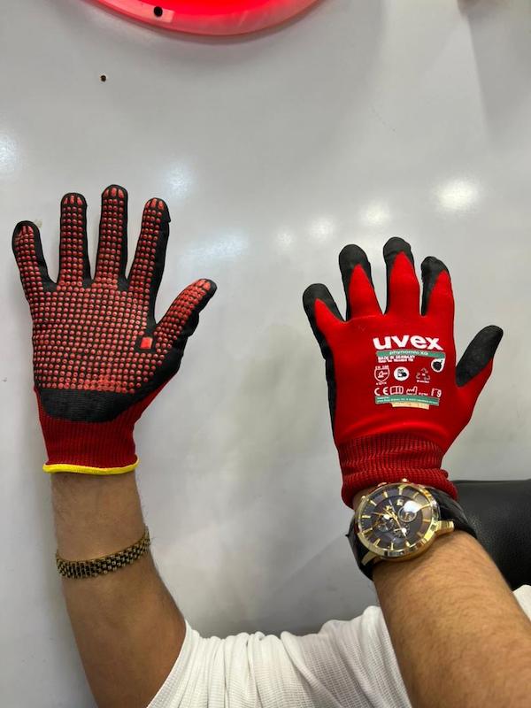 دستکش UVEX 16350 آلمان — ضدبرش، آنتی‌استاتیک EN16350، کف دو لایه لاتکس + رابر خال‌دار، رنگ قرمز