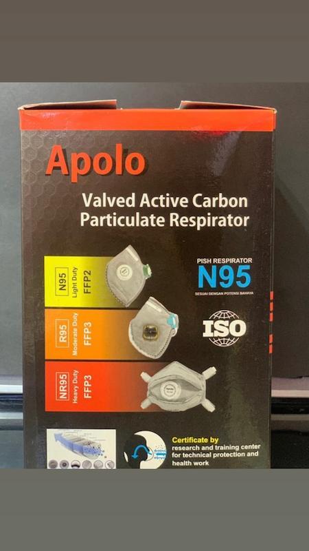 ماسک گردوغبار و آلاینده ریز گرد آلودگی هوا سوپاپدار APOLO FFP2 8226 ذغال اکتیو جعبه ۱۲ عددی با برترین و بهترین متریال های روز دنیا APOLO MASK MSN GROUP