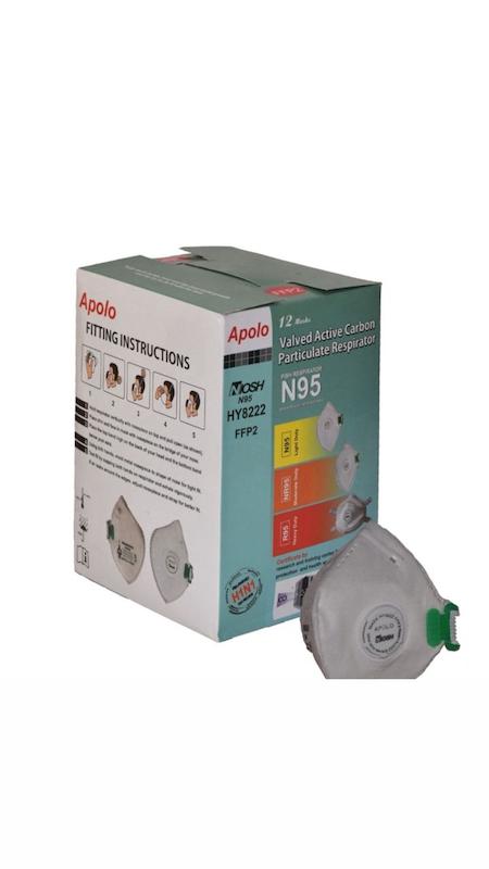 ماسک تنفسی گروغبار FFP1 KN95 بدون سوپاپ APOLO اصلی polypropylene filter non-woven fabrics اپولو ۸۲۲۰ با فیلتر پلی پروپلین منسوجات نبافته گریوه (APOLO 8220) جعبه 20 عددی