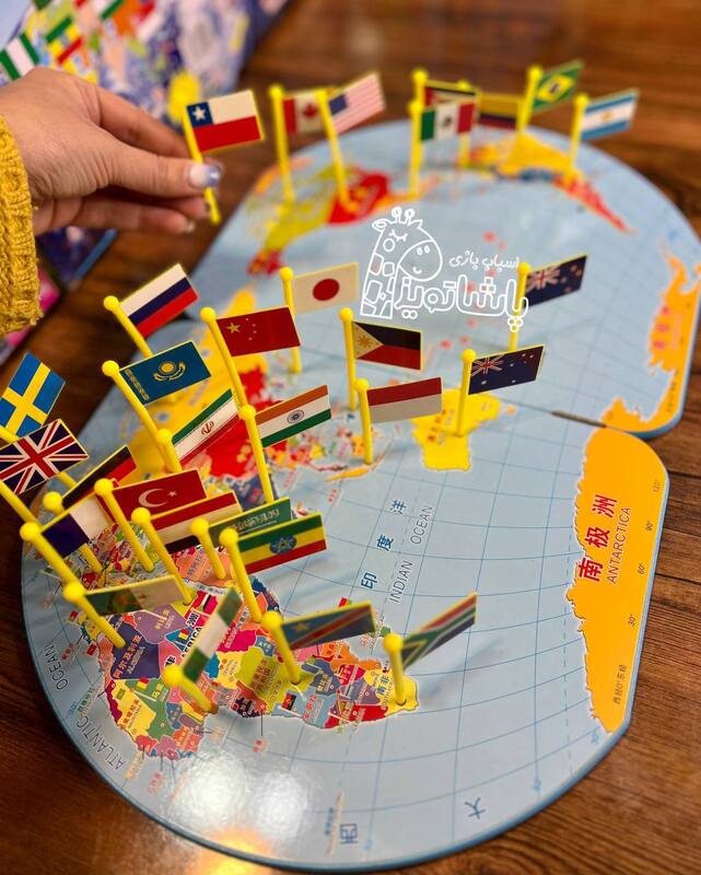 پازل چوبی نقشه جهان با پرچم کشورها