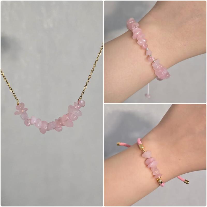 دستبند و گردنبند با سنگ رز کوارتز اصل و نقره