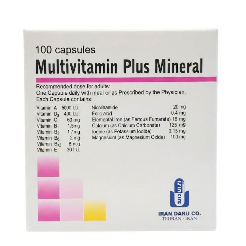 کپسول مولتی‌ویتامین پلاس مینرال (Multivitamin Plus Mineral) ایران دارو | تأمین کامل ویتامین‌ها و مواد معدنی (۱۰۰ عددی)