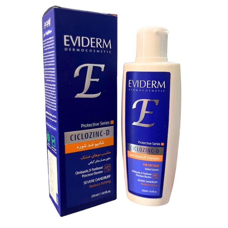 شامپو ضد شوره سیکلوزینک دی اویدرم (Eviderm Ciclozinc-D Anti Dandruff Shampoo) | درمان شوره‌های شدید و خارش پوست سر برای موهای خشک (۲۵۰ میلی‌لیتر)