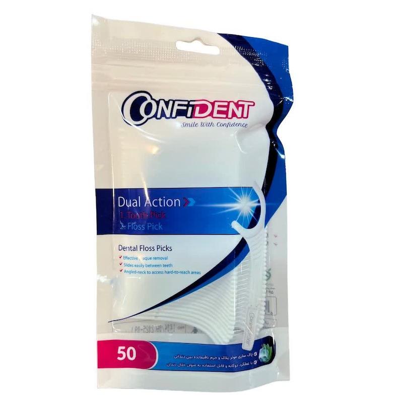 خلال دندان کانفیدنت دوکاره (Confident Dual Action Dental Floss Picks) | پاکسازی همزمان خلال و نخ دندان (بسته ۵۰ عددی)