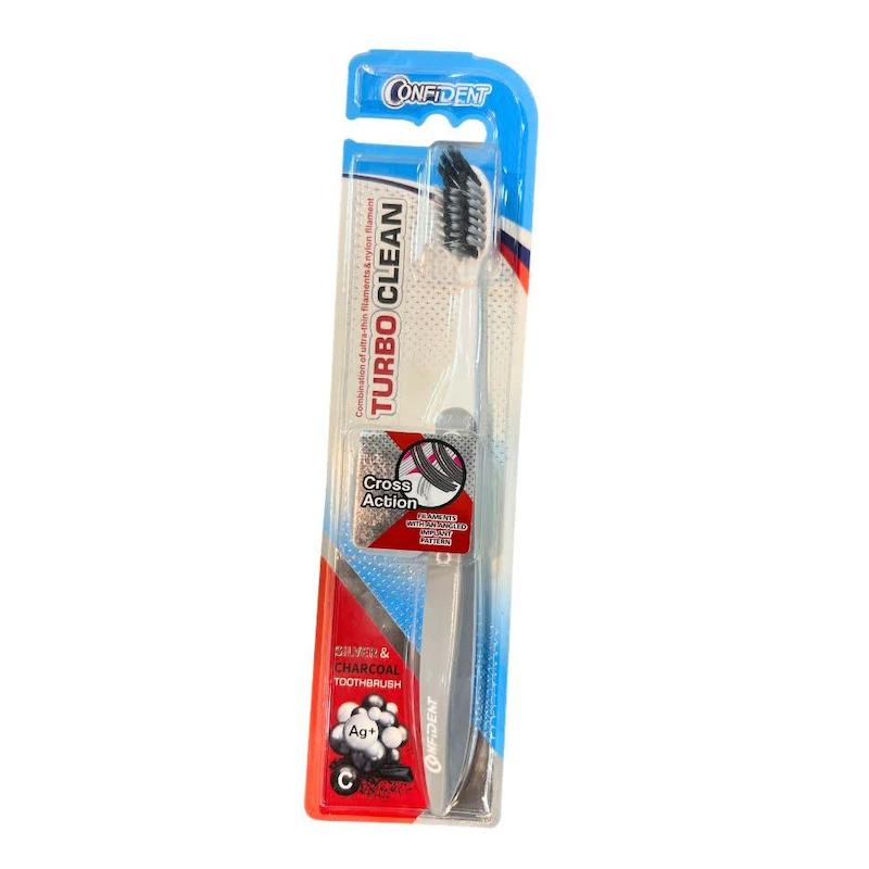 مسواک زغالی کانفیدنت مدل توربو کلین (Confident Turbo Clean Charcoal Toothbrush) | پاکسازی عمیق با زغال فعال و نقره (سافت)